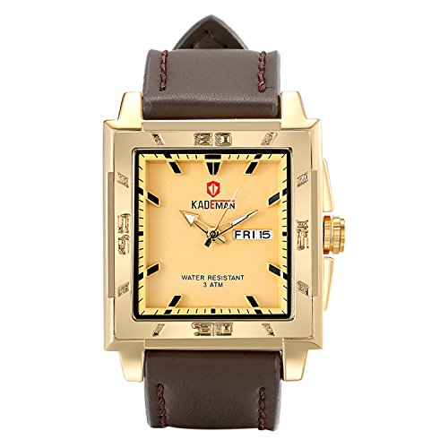 Lancardo Men's Gold Tone Large Square Face Japan Quartz Watch, 30M Water Resistant, Dark Leather Strap