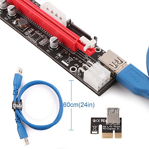Ubit Multi-Interface PCI-E Riser with Led Notice Function Express Cable 1X to 16X Graphics Extension Ethereum ETH Mining Powered Riser Adapter Card+60cm USB 3.0 Cable