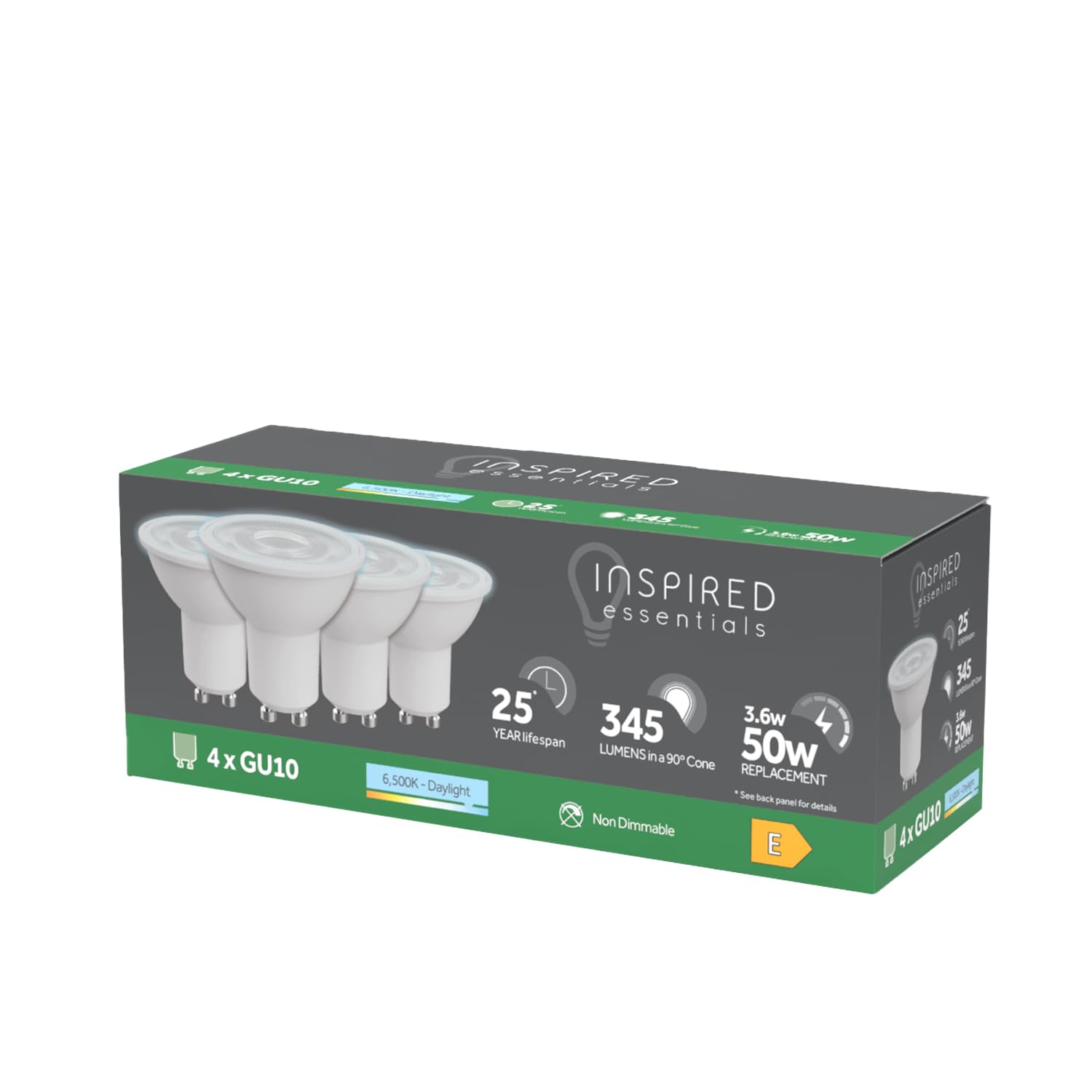Inspired Essentials LED GU10 Spotlight Bulb 3.6W (50W Replacement) - Pack of 4 LED Bulbs (Daylight, 50W Equivalent Non Dimmable)