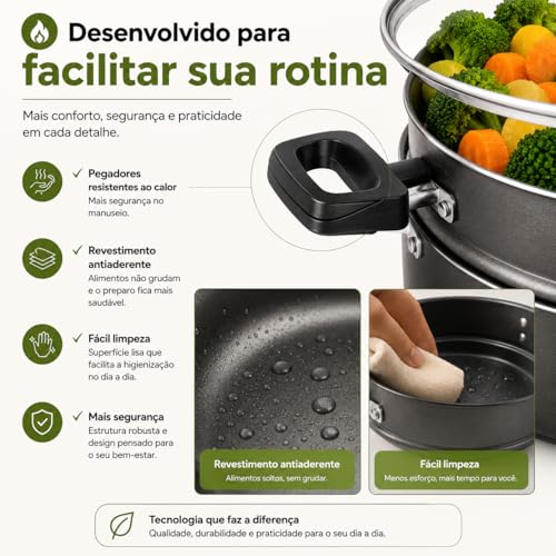 Cuscuzeira Antiaderente MTA Cristal 20cm 3,2L + Base de Silicone | Panela a Vapor para Legumes, Peixes, Vegetais e Cuscuz | Tampa de Vidro