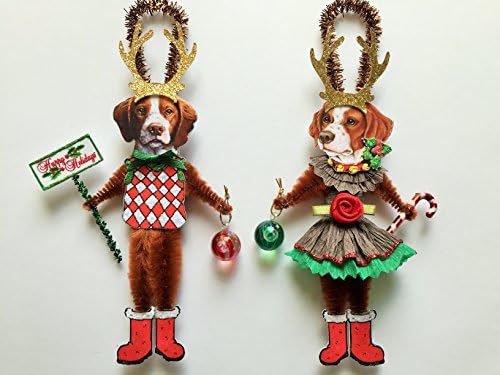 Brittany Spaniel REINDEER Christmas ornaments holiday DOG ornaments vintage style chenille ORNAMENTS set of 2