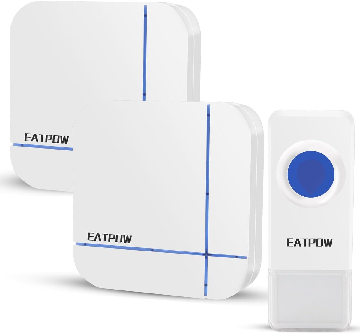 Wireless Doorbell,EATPOW Portable Waterproof Wireless Door,Wall Plug-in Cordless Door Chime at 1000-feet Range with LED Indicator Over 52 Chimes，4 Levels of Adjustable Volume & Blue Light
