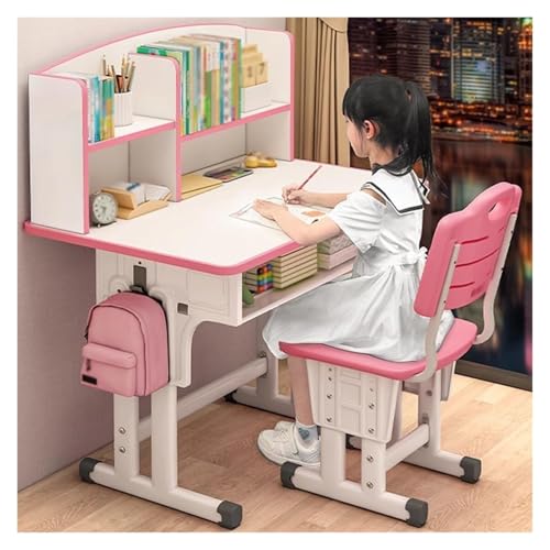Kids Desk and Chair Set, Height Adjustable Children Study Desk Chair Set, Multi Functional Student Writing Desk Table with Drawer Bookstand, Ergonomic Student Learning Table Desk Chair for Girl Boy