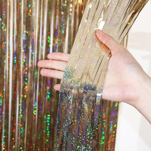 3 Pcs Champagne Gold Tinsel Curtain Backdrop, Tinsel Streamers Party Decorations, Fringe Backdrop for Birthday, Champagne Foil Fringe Backdrop Curtains for Anniversary Wedding Supplies (3.28 x 6.56 ft
