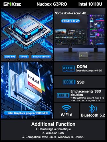 GMKtec G3 Pro Mini PC with Intel Core i3-10110U (Better Than 4300U/N150/N95), 16GB DDR4 RAM (Dual Channel), 256GB PCIe SSD, Micro Computer 2*HDMI 4K/USB 3.2/WiFi 6/BT 5.2/2.5GbE LAN