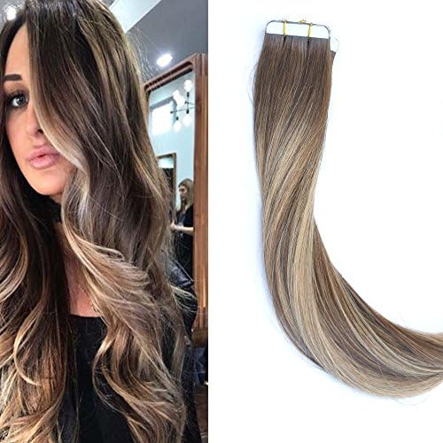 KOCONI 20inch Tape in extensions Remy Human Hair Ombre Dark Brown to Blonde Highlights #4/27P4Real Hair Extensions
