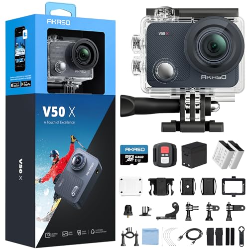 AKASO V50X Action Cam 4K30FPS mit 64GB U3 Speicherkarte Unterwasserkamera WiFi 40M EIS Anti-Shake Action Kamera 4X Zoom mit Touchscreen, Fernbedienung
