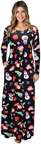 Kaitobe Womens Bohemian Long Sleeve Maxi Dress Santa Christmas Print High Waist Cocktail Party Prom Long Evening Dress
