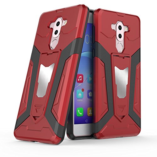 Huawei Honor 6X Case, Ranyi [3 Piece Full Body Armor] [Built-in Kickstand] [Shock Absorbing] Luxury Metal Texture Rugged Rubber 360 Protective 3 in 1 Case for Huawei Honor 6X (2017), red