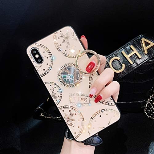 QFUN Hard Case for iphone XR with Ring Holder, Glitter Diamond Clock Pattern Design Ultra Thin Hard Plastic Phone Case with Rotating Grip Stand Shockproof Bumper Protective Cover,Gold
