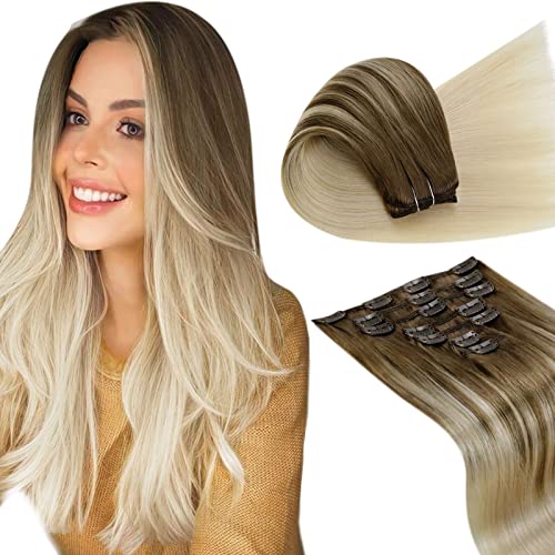 LaaVoo Balayage Blonde Hair Extensions Clip in Real Hair 22inch Remy Clip in Hair Ombre Brown and Blonde Clip on Human Hair Extensions Full Head Ombre Hair 7pcs 120g