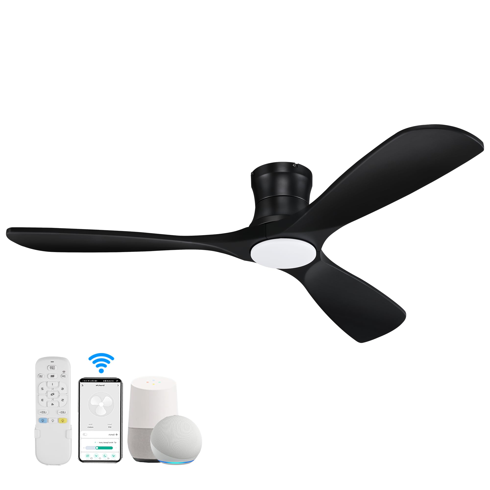 Hoenofly 52” Smart Wood Low Profile Ceiling Fan with Lights Remote,Quiet DC Motor,Outdoor Indoor Flush Mount Ceiling Fans Controlled by WIFI Alexa App,Modern Black for Bedroom Living Room Patio Porch