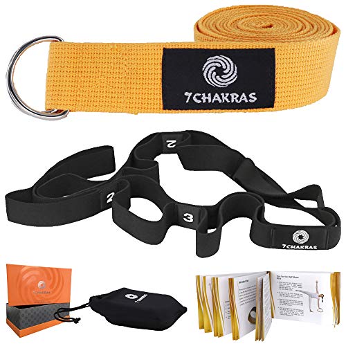 7 Chakras Yoga Set: 8 ft Yoga Strap with D-Ring Buckle Plus 10 ft Yoga Stretching Strap with Loops Leg and Back Stretcher & Physiotherapy Equipment | Ideal Yoga Gifts