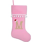 JKSVE 19 Inch Pink Velvet Stockings, Personalized Christmas Stocking, Embroidery Initial with White Pom Pom Trim, Holiday Fireplace Mantel & Xmas Party Decor, Letter M