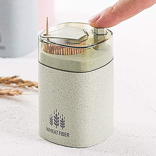 Wewin Automatic Toothpick Holder Container Wheat Straw Household Table Hand Press Toothpick Holder Storage Box Dispenser Home Decor (Green)