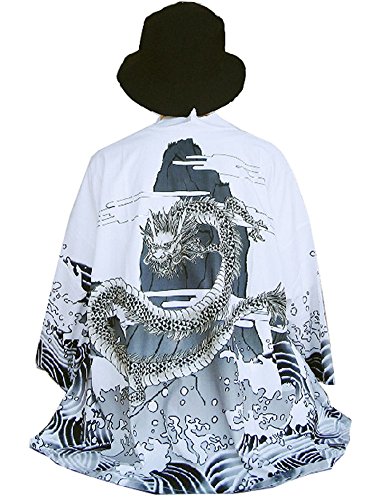 Men's Kimono Yukata Cardigan Casual Dragon Pattern Open Front Coat (White, Large) - Thumbnail 4
