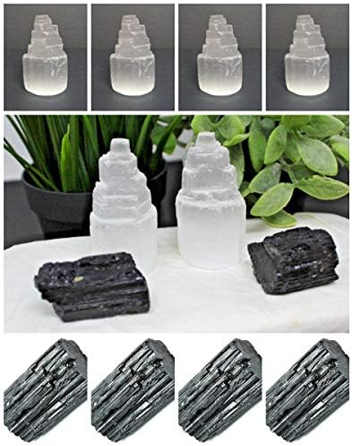 (CollectiblesCrystals Store) Full Home Protection Kit 4 Selenite Towers, 4 Extra Grade Black Tourmaline Logs