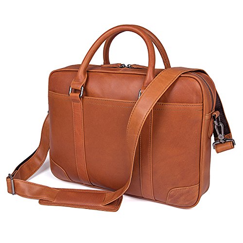 Texbo Genuine Top Cow Leather Business Briefcase Fit 15.6" Laptop Bag Tote (Yellow Brown)