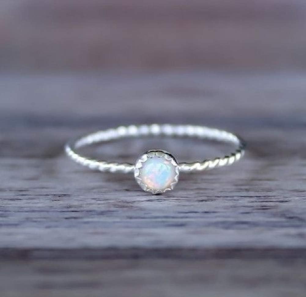 LMCIEZR Cute 925 Silver Ring White Fire Opal Created Opal Hammered Wave Solitaire Wedding Engagement Promise Ring Women (size 10)