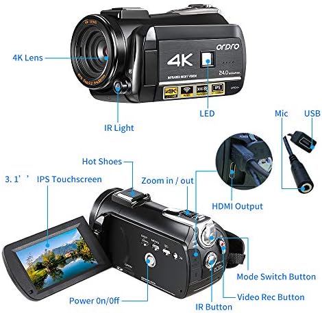 Compact camcorder with detachable lens, microphone, and controls, suitable for video and photo capture.