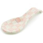 MACKENZIE-CHILDS Enamel Spoon Rest, Pink-and-White Rosy Check | Hand-painted design, made from enameled steel, utensil rest and spoon holder for stovetop and kitchen counter use, 8.5" L