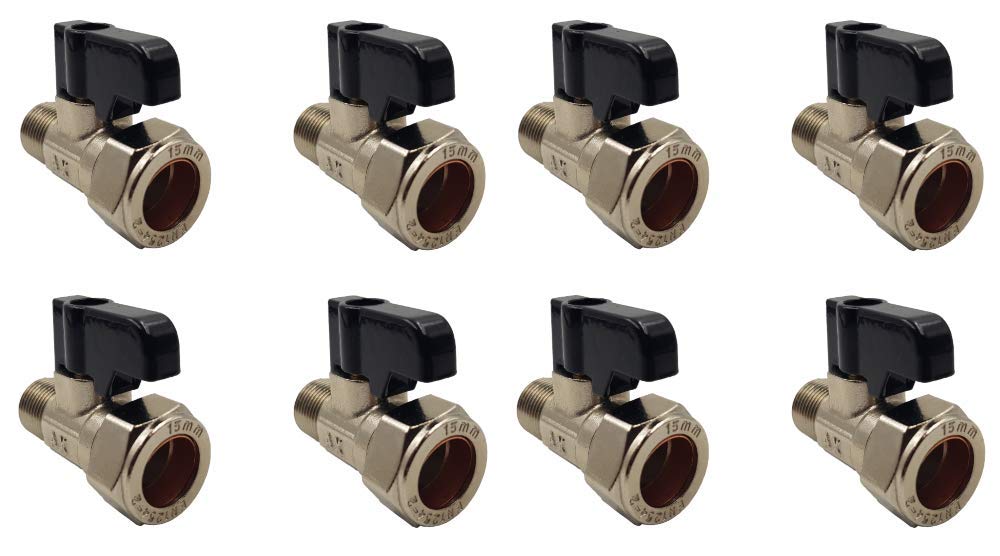 Aumix 15mm x 12mm Isolating Valve with Handle UK Compression Fittings Adaptor EN1254-2 for Kitchen Bathroom Mixer Taps with 3/8" Tails - 8 Pieces