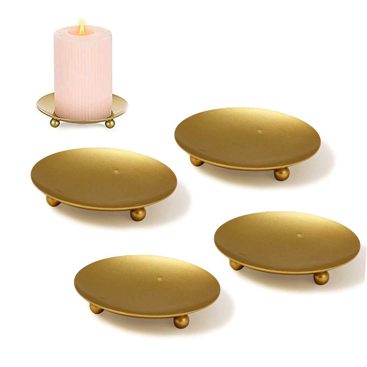 Pillar Candle Holders,RoadLoo Set of 4 Pieces Golden Candle Holder Plates Metal Stand Pedestal Pillar Candlestick for Wedding Incense Cones Spa Pray Home Party Decoration (2.8 x 0.4 Inch)