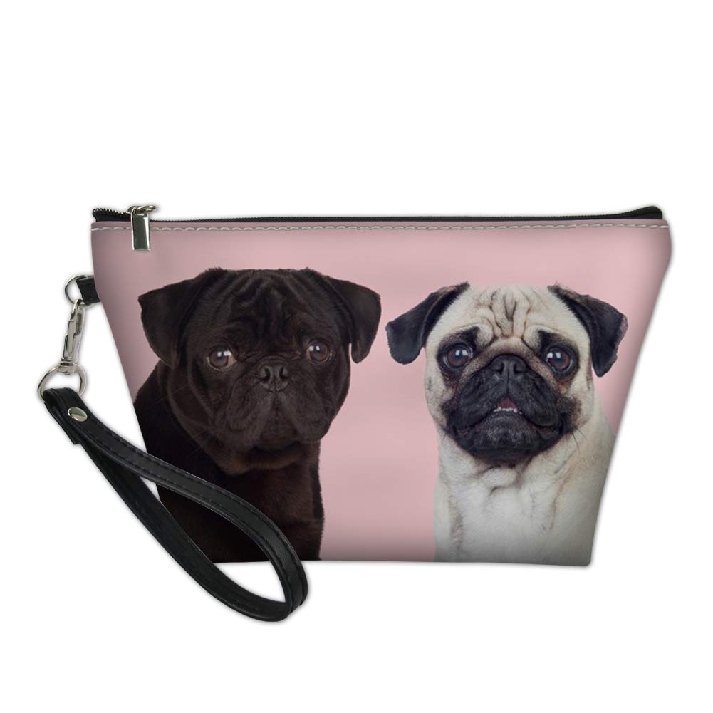 Showudesigns Pug Dog Leather Make-Up Pouch Cosmetic Case Handy Tote Bag Carry Case with Removable Strap