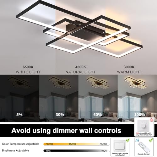 Luz de techo LED moderna geadi, luz de techo incorporada ajustable en negro de 35“, 3 lámparas de techo cuadrado, adecuada para comedor de dormitorio de Sala de techo bajo (50w, 3000k-6500k)