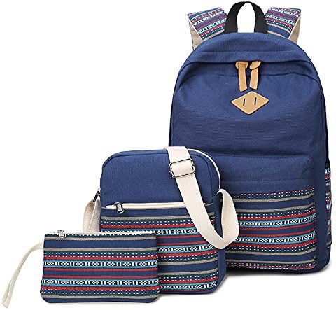 Ethnic Flower Pattern Canvas School Bag Set, Backpack + Messenger Bag + Pencil Case, Zipper College Laptop Backpacks for Teenagers Girls Kids - Blue