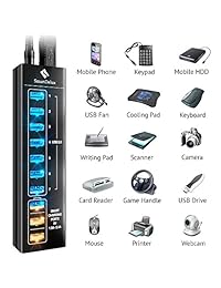 SmartDelux   Hub USB de 10 puertos con 7 puertos USB 3.0, 3 puertos de carga inteligentes, adaptador de alimentación, cable largo, LEDs, aluminio negro