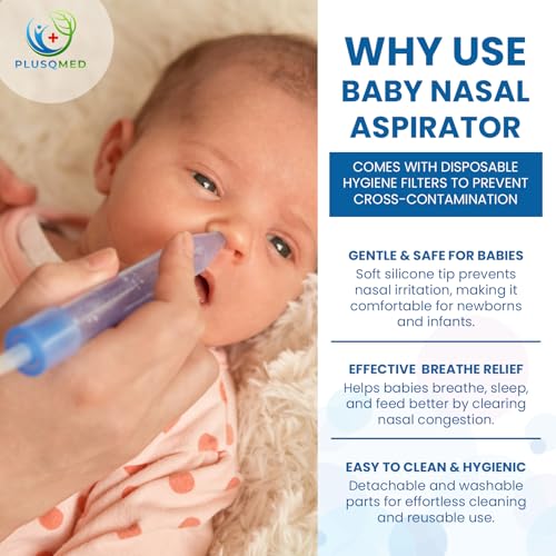 Baby Nasal Aspirator, Mucus Sucker with 24 Hygiene Filters - Safe & Easy to Clean for Newborns, Infants, Kids - Suction Nose Cleaner, Nose Sucker, Nasal Suction, Mucus Remover,PLUSQMED