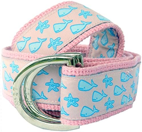 No27 Big Boy Whales and Starfish Nautical Belt, Canvas Belt, Medium Whales and Starfish Ribbon on Pink Webbing