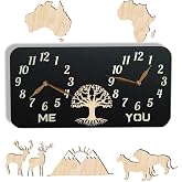 monastar Dual Time Zone Wall Clock with Deer Family, City/State/Country Sign, World Time Clock, Wall Art D&eacute;cor