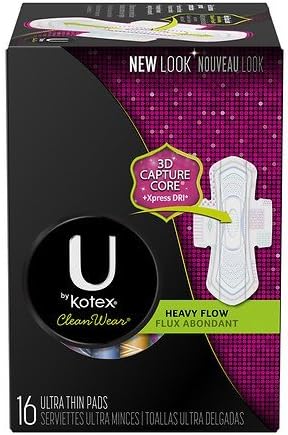 U by KotexCleanwear Ultra Thin Pads With Wings, Heavy Flow, Fragrance-free, 96Count (6 Pack Of 16), 0.300 Lb