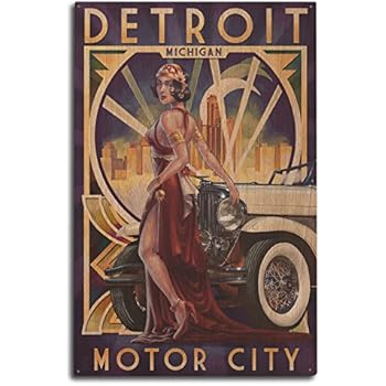 Lantern Press Detroit, Michigan - Deco Woman and Car (10x15 Wood Wall Sign, Wall Decor Ready to Hang)
