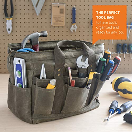 PD Canvas Tool Bag 14Inch, Khaki, 22 Pockets, Heavy Duty Tradesman Bag
