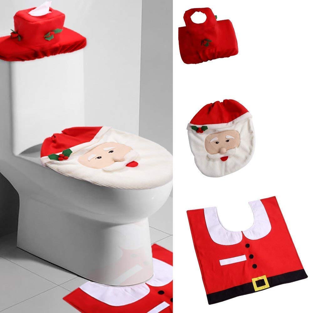 Zogin Weihnachten Toilettensitzbezug Weihnachtsdeko WC-Sitze Set mit Sitzbezug & Teppich & Gewebe Deckel für Badezimmer im Weihnachtsmann-Design