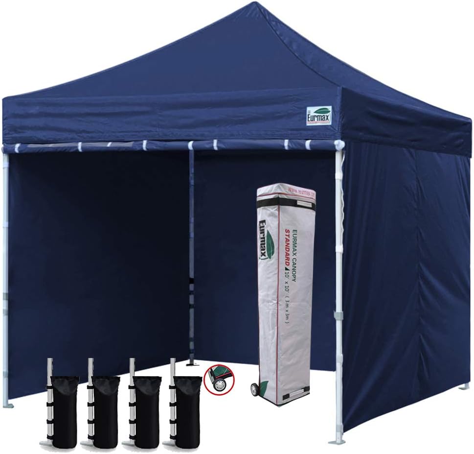 Eurmax USA 10'x10' Pop-up Canopy Tent Commercial Instant Canopies with 4 Removable Zipper End Side Walls and Roller Bag, Bonus 4 SandBags(Navy Blue)