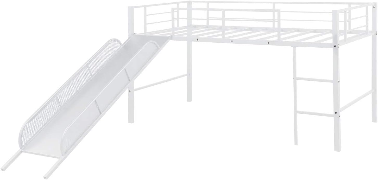 FDXDZSW Twin Metal Loft Bed with Slide,Low loft, Strong Slide, Best Choice for Child,No Box Spring Needed, Three Colors Available