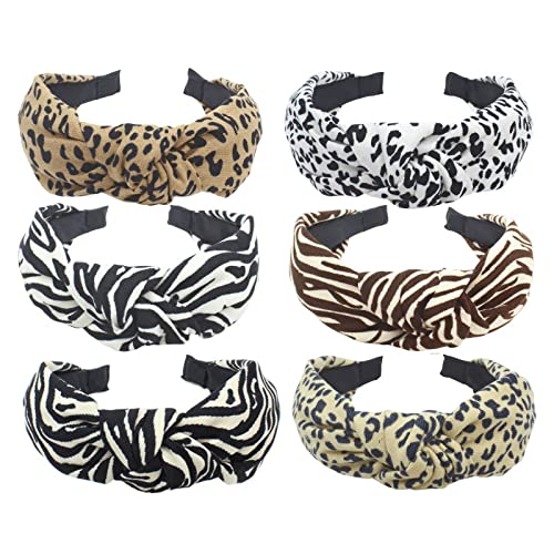 Leopard Women's Headbands UK Hair Band Alice Band Vintage Elastic Printed Head Wrap Stretchy Wide Hairband Twisted Cute Hair Accessories 6Pack (ArchZebra6)