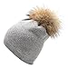 Women's Winter Warm Double-Deck Cashmere Wool Blend Real Fur Pom Pom Slouchy Knit Beanie Cap Ski Hat