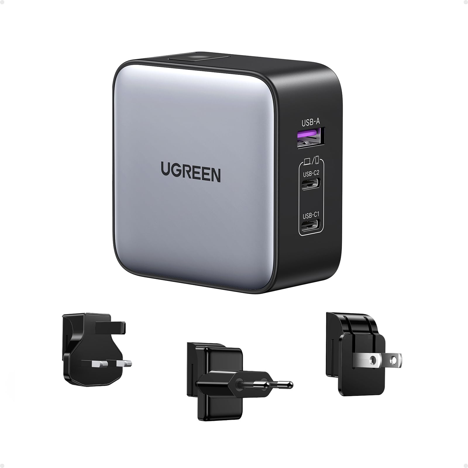 UGREEN Universal Travel Adapter, 65W USB C Charger GaN Fast Charger Nexode 3-Port with US/UK/EU Plug, Compatible with MacBook Pro/Air, iPhone 17 Pro/17/16, iPad, Galaxy S25, Pixel 9, etc
