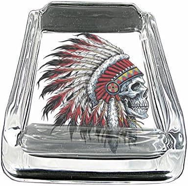 Native Skull Design Have Fun Gifts Glass Square Ashtray for outdoor With Four Places To Drop Your Cigarette-Thick And Transparent Glass Tray Skull Native American Gift for men and women