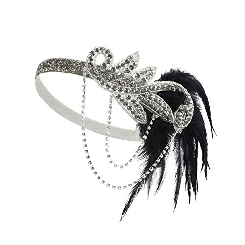 PrettyGuide Women Headpiece 1920s Bead Feather Gatsby Crystal Bridal Hair Accessories Silver