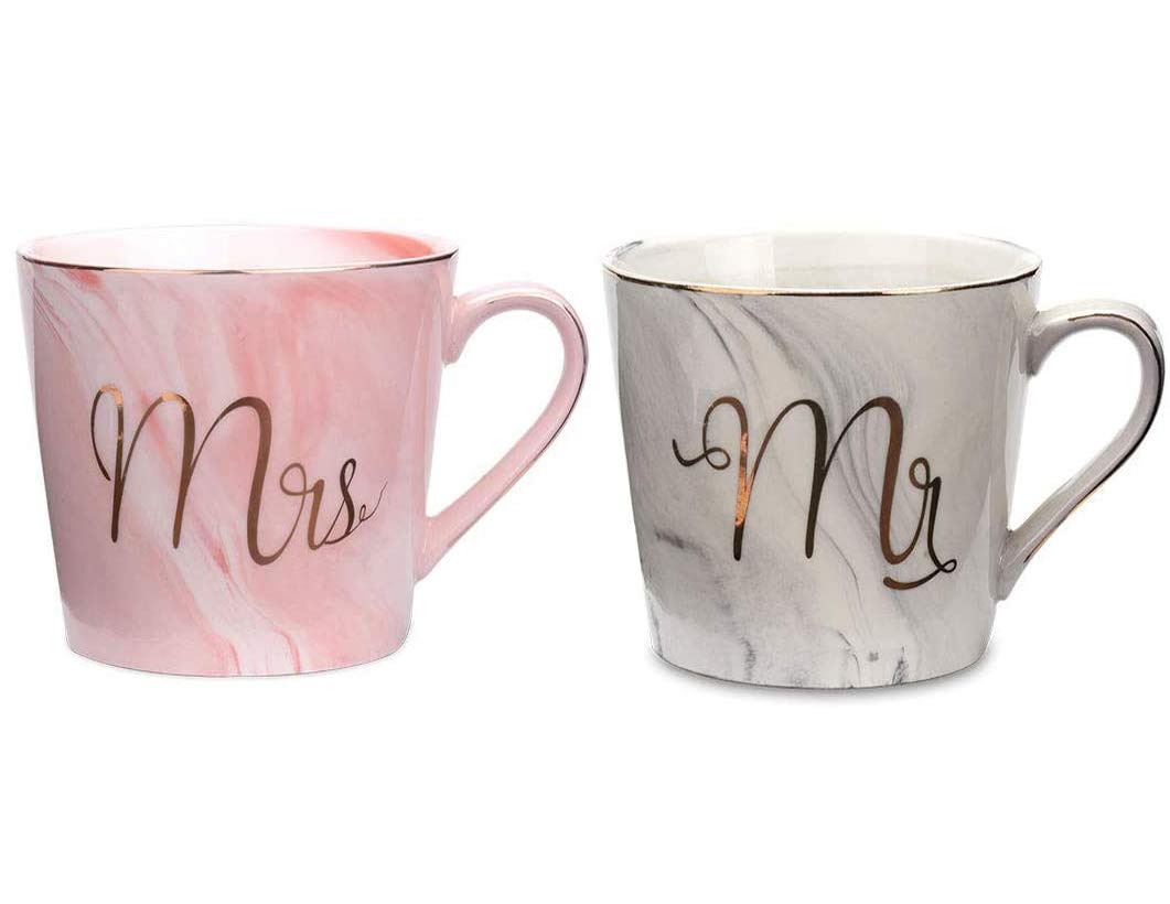 Tougo Set of 2 Mr and Mrs Couples Coffee Mug Set- Bridal Shower Engagement Wedding Anniversary Valentines,Best Gifts for Christmas and All Holiday,Pink and Gray
