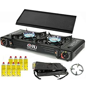NJ DS-22 dubbel campingkooktoestel met 2 branders, gasfornuis 5 kW + grillplaat + 8 x gaspatronen + Phönix gasfornuis…