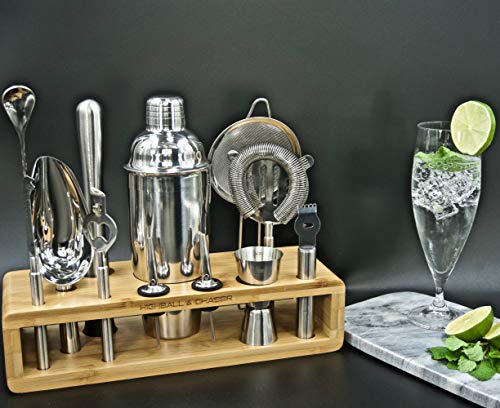 Highball & Chaser Premium Cocktail Shaker Bartender Kit with Natural Bamboo Stand. Beautiful Cobbler Cocktail Shaker Set with Bar Tools. Stainless Steel Bar Set with Stand - Thumbnail 6