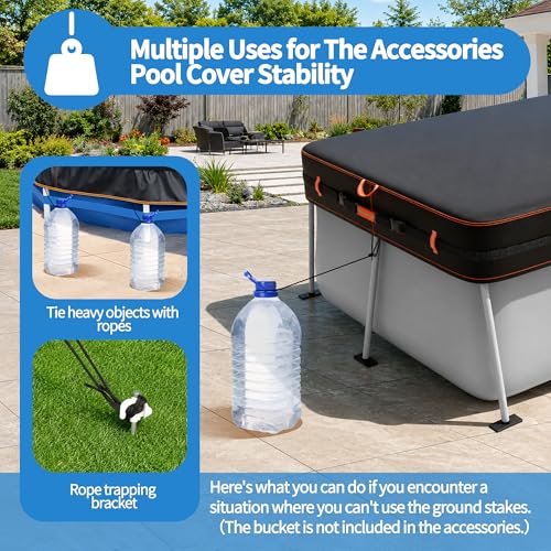 Neuradical 420D rectangular cover for above-ground swimming pools, UV and tear resistant, available in various sizes 224 x 408 cm, windproof protection with reflective strips.
