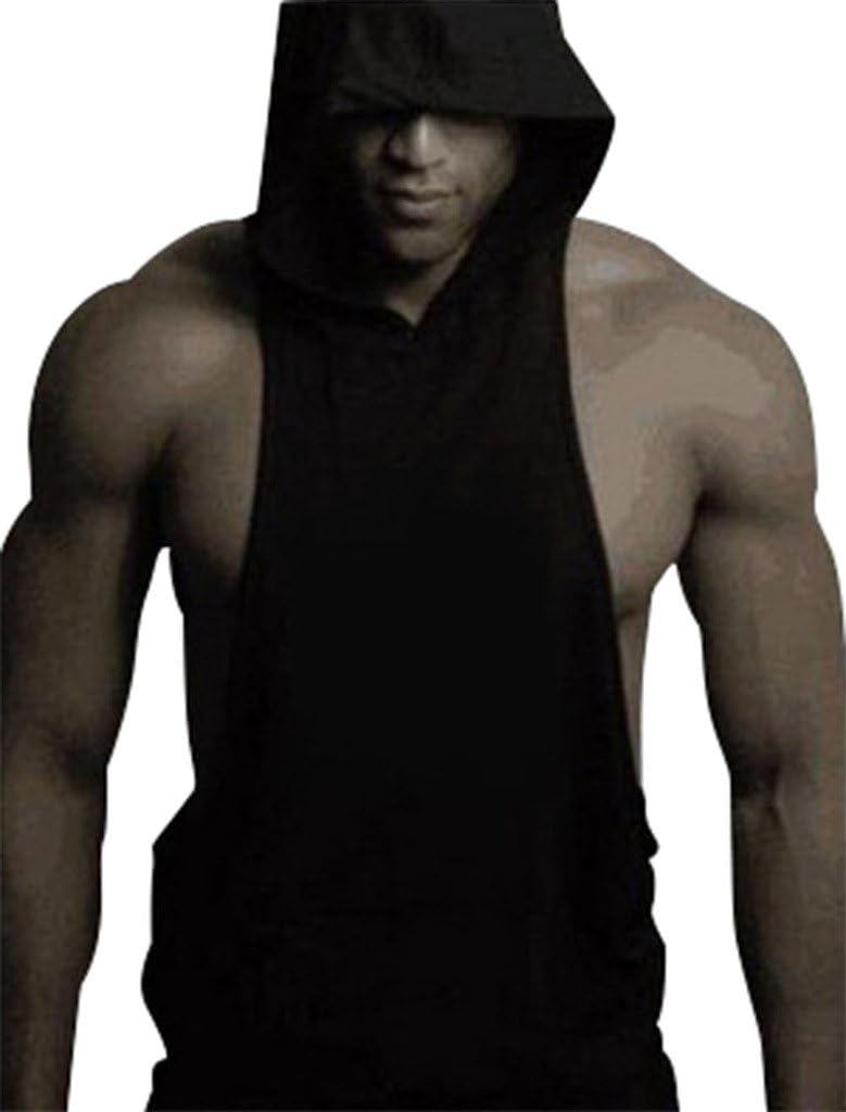 Gillbro Mens Bodybuilding Stringer Hoodie Gym Tank Top Hooded Waistcoat Solid